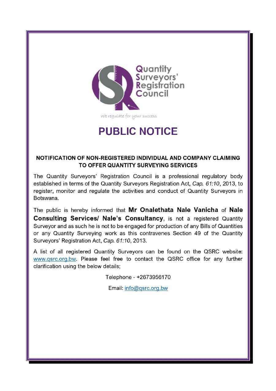 Notification of Non-Registered Individual and Company Claiming to offer Quantity Surveying Services